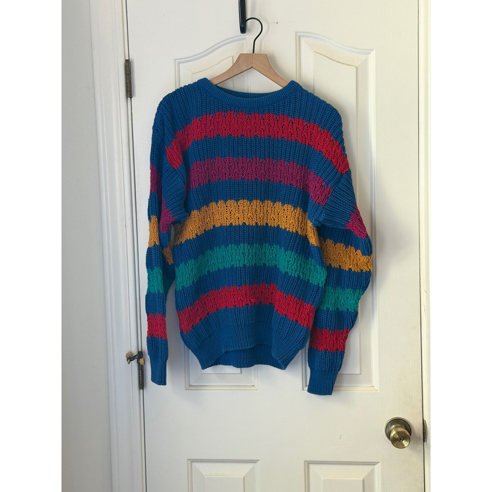 Vintage Jantzen | Striped Cotton Knit Sweater Small Blue Red Grandpa Made in USA - Picture 2 of 8
